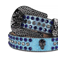 Rhinestone-Studded Glitter Light Blue Leather Strap Skull Buckle Belts With Royal Blue And Faceted Crystal White Gems