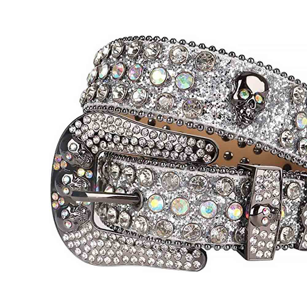 Crystal-Studded Shimmer White Leather Waist Belts Skull Buckle With White Multi Color Stones