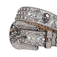 Crystal-Studded Shimmer White Leather Waist Belts Skull Buckle With White Multi Color Stones
