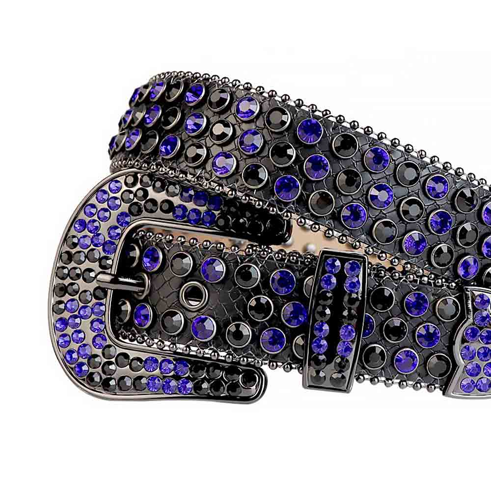 Crystal-Studded Leather Waist Belt Black With Black And Blue Studs