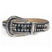 Rhinestone-Studded Leather Waist Belt   Dark Blue with White Studs