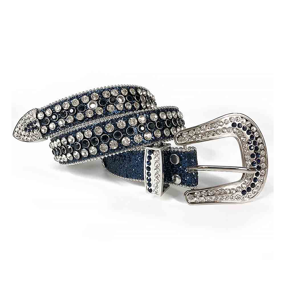 Rhinestone-Studded Leather Waist Belt   Dark Blue with White Studs