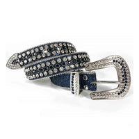 Rhinestone-Studded Leather Waist Belt   Dark Blue with White Studs