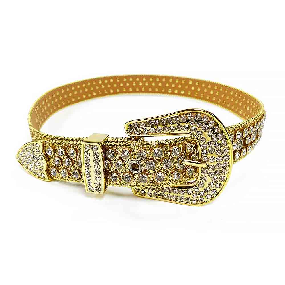 Crystal-Studded Genuine Leather Belt   Gold Big White Studs
