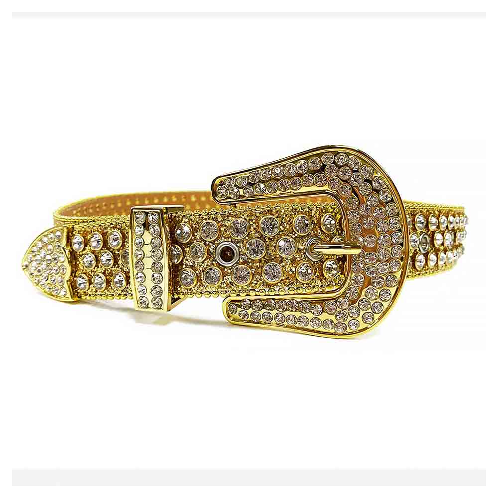 Crystal-Studded Genuine Leather Belt   Gold Big White Studs