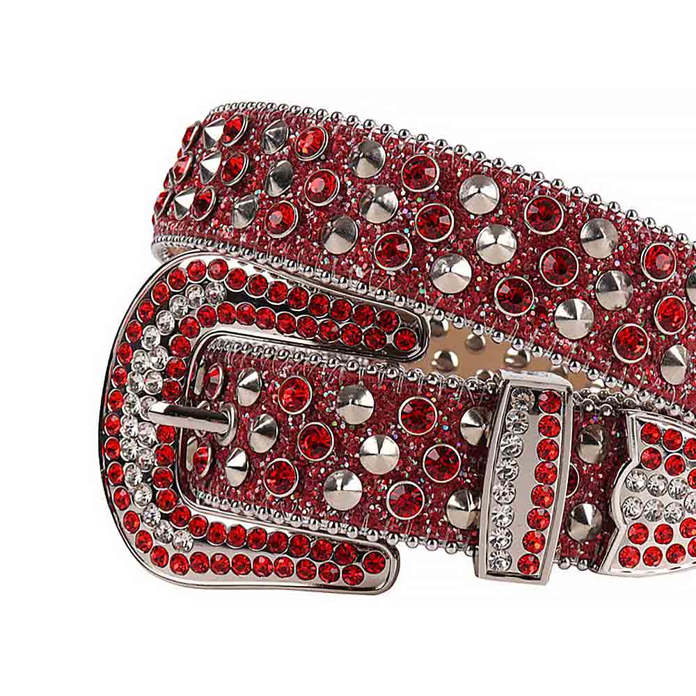 Crystal-Studded Leather Belt   Red Sparkle With Studs And Red Studs