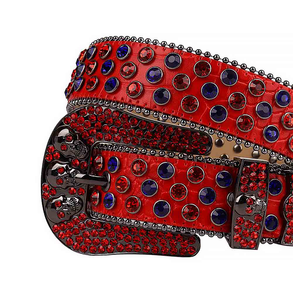 Rhinestone-Studded Leather Waist Belt   Red Skull With Red And Blue Gems