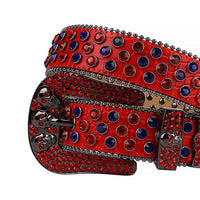Rhinestone-Studded Leather Waist Belt   Red Skull With Red And Blue Gems