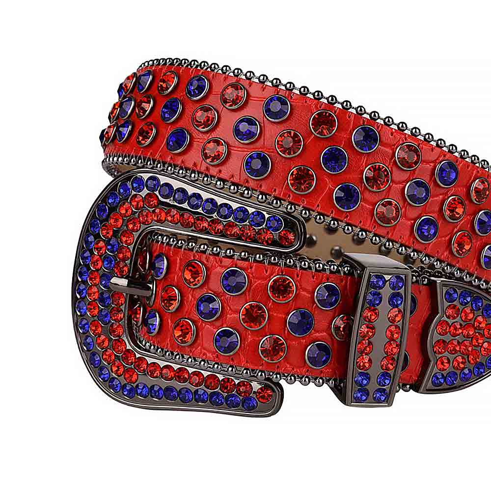 Crystal-Studded Genuine Leather Belt   Red With Red And Blue Gems
