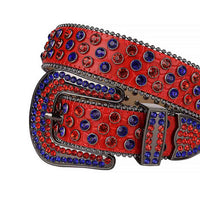 Crystal-Studded Genuine Leather Belt   Red With Red And Blue Gems