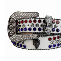 Rhinestone-Studded Leather Waist Belt White With 7 Skulls Red White Blue Studs