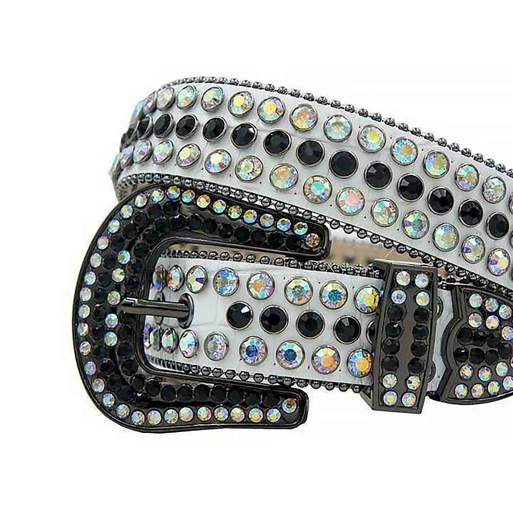 Rhinestone-Studded Genuine Leather Belt   White With Black And Multi Studs