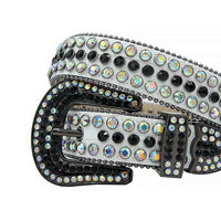 Rhinestone-Studded Genuine Leather Belt   White With Black And Multi Studs