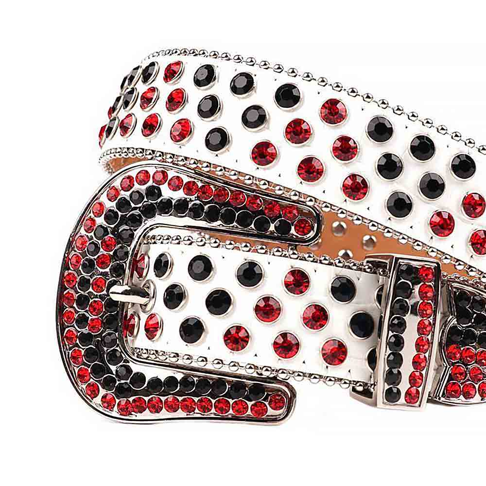 Crystal-Studded Genuine Leather Belt   White With Black And Red Gems