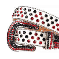 Crystal-Studded Genuine Leather Belt   White With Black And Red Gems