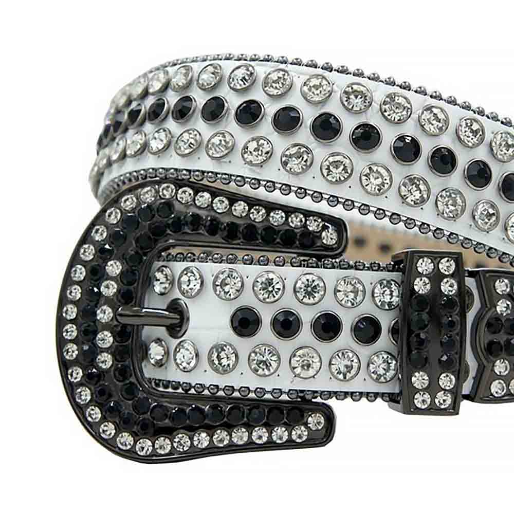 Rhinestone-Studded Leather Waist Belt   White With Black And White Studs