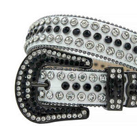 Rhinestone-Studded Leather Waist Belt   White With Black And White Studs
