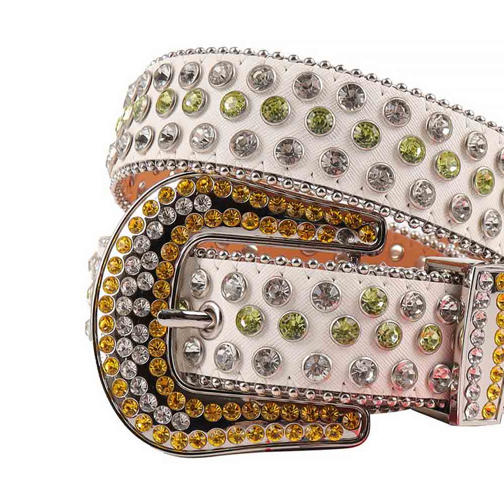 Rhinestone-Studded Genuine Leather Belt   White With Green And White Yellow Studs