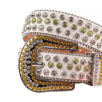 Rhinestone-Studded Genuine Leather Belt   White With Green And White Yellow Studs
