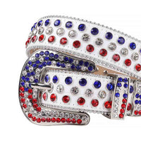 Rhinestone-Studded Genuine Leather Belt White With White And Red Blue Studs