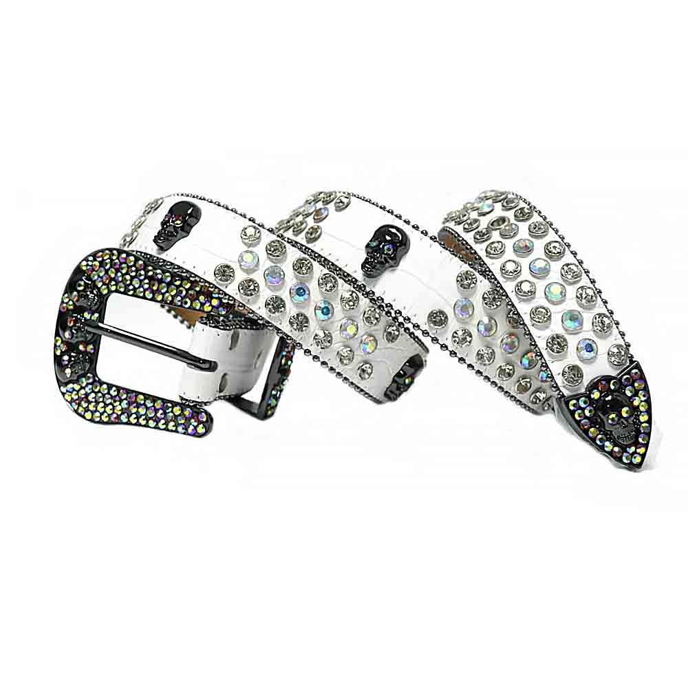 Crystal-Studded Genuine Leather Belt   White with 7 Skulls and Multi Gems