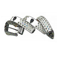Crystal-Studded Genuine Leather Belt   White with 7 Skulls and Multi Gems