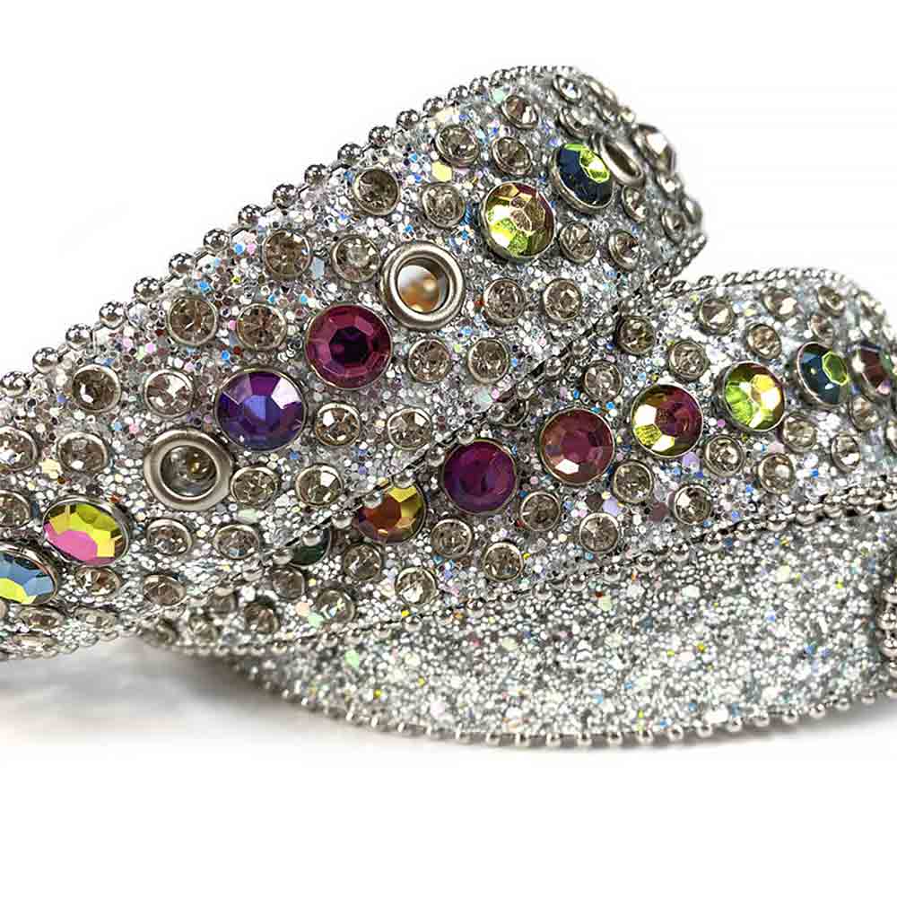 Crystal-Studded Genuine Leather Belt   White with Colors Gems