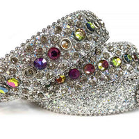 Crystal-Studded Genuine Leather Belt   White with Colors Gems