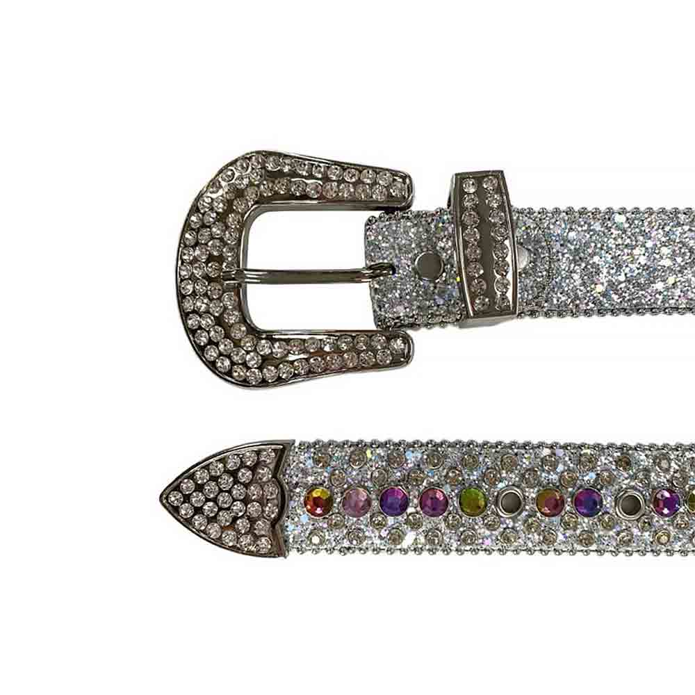 Crystal-Studded Genuine Leather Belt   White with Colors Gems