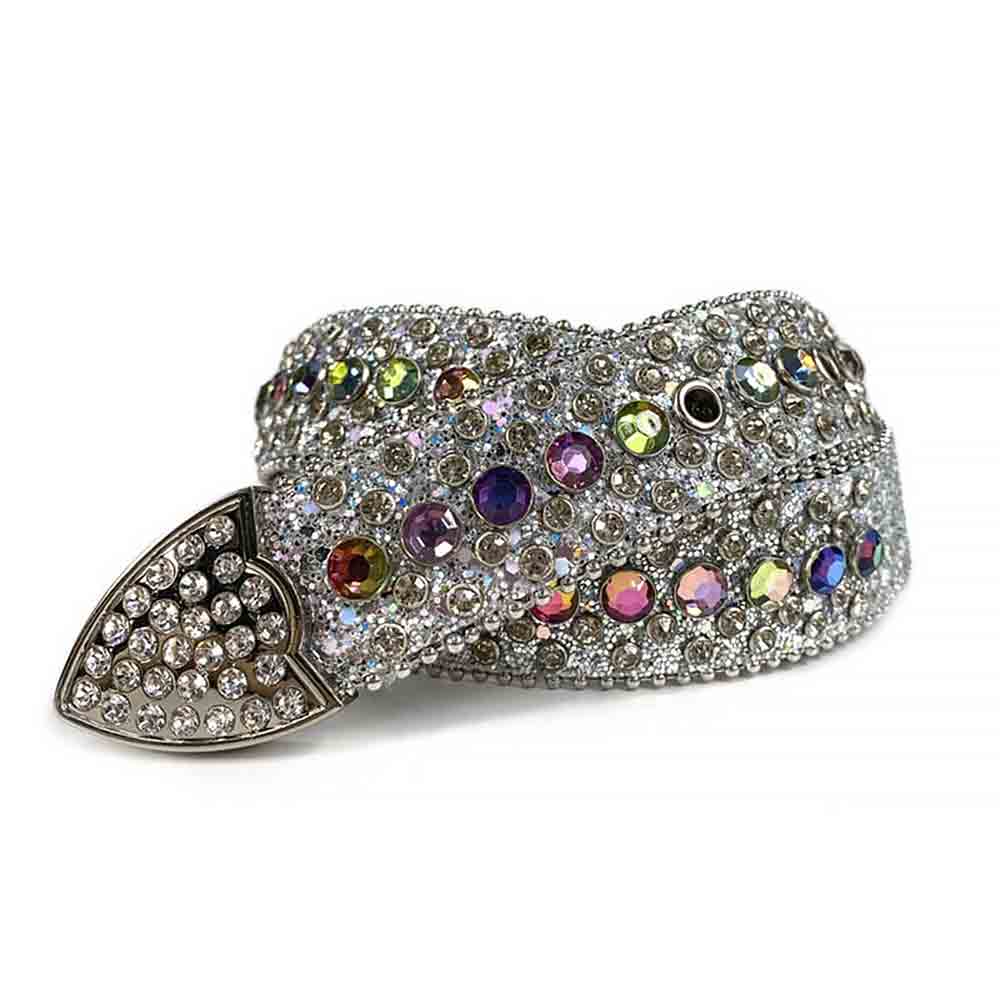 Crystal-Studded Genuine Leather Belt   White with Colors Gems