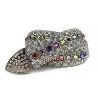 Crystal-Studded Genuine Leather Belt   White with Colors Gems