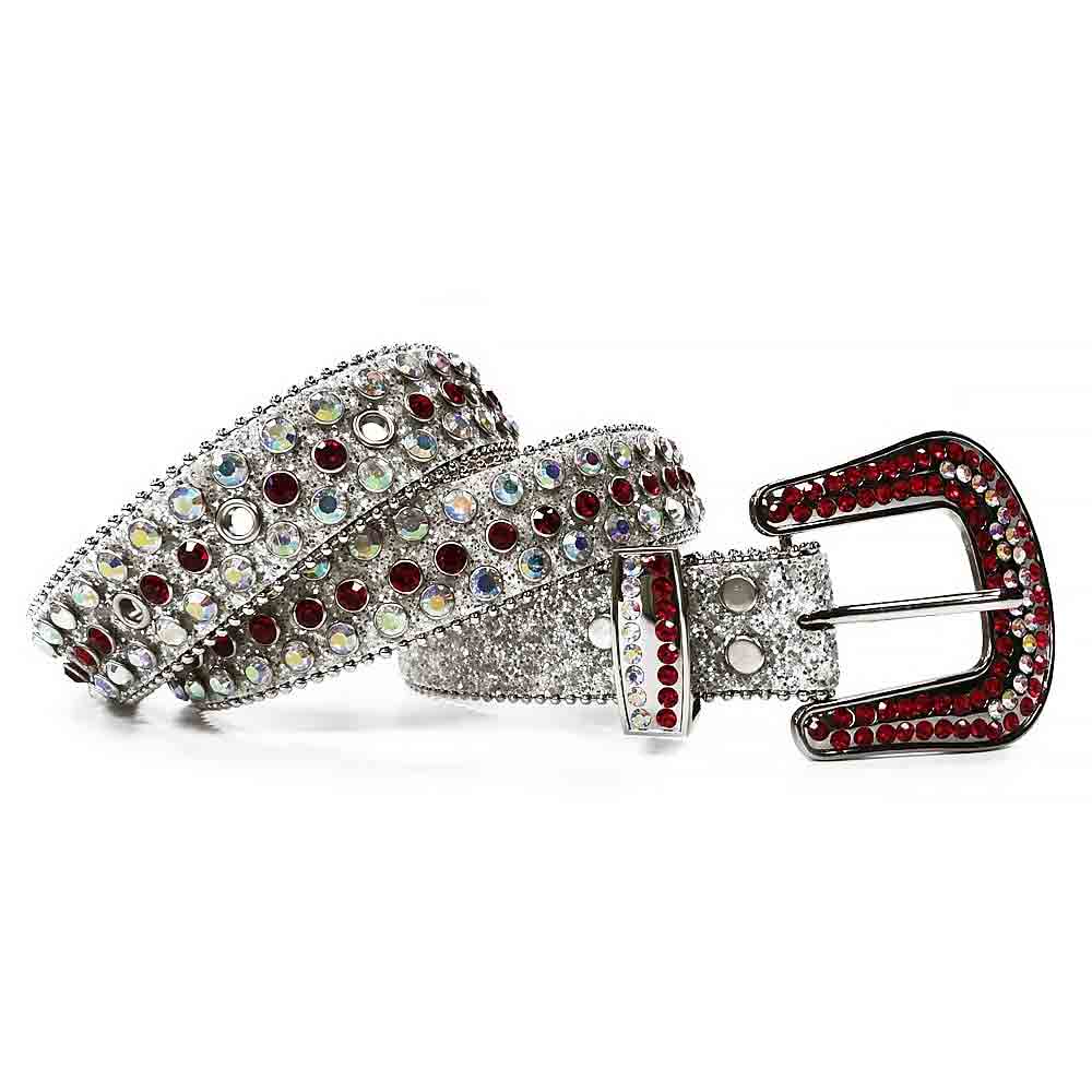Rhinestone-Studded Genuine Leather Belt   White with Red