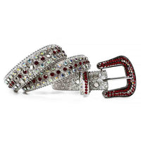 Rhinestone-Studded Genuine Leather Belt   White with Red