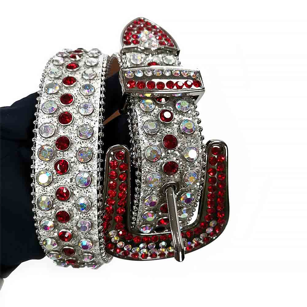Rhinestone-Studded Genuine Leather Belt   White with Red
