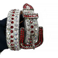 Rhinestone-Studded Genuine Leather Belt   White with Red