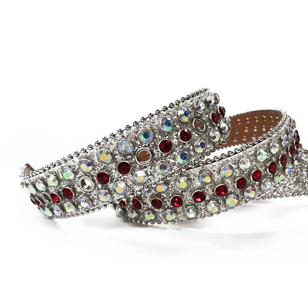 Rhinestone-Studded Genuine Leather Belt   White with Red