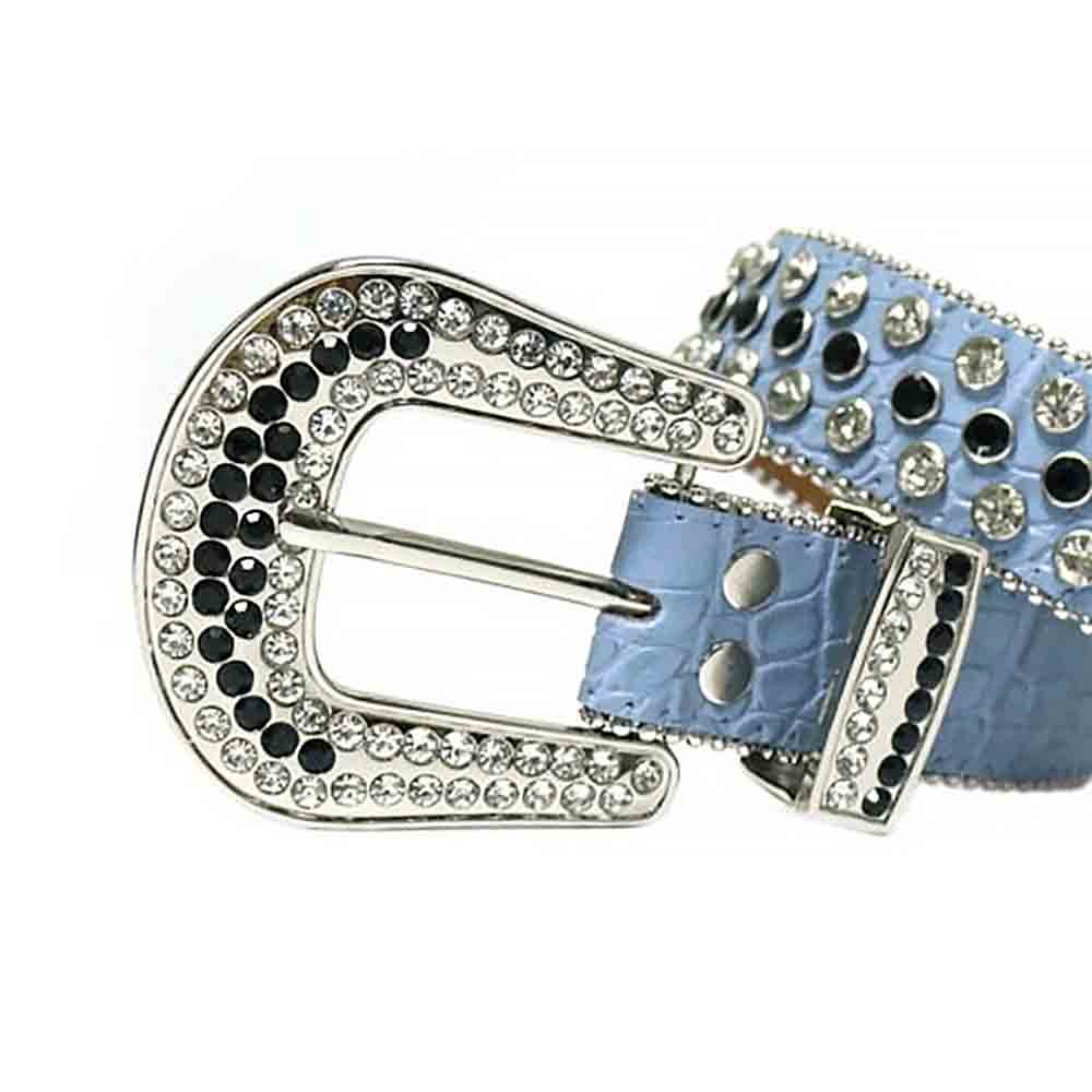 Rhinestone-Studded Genuine Leather Belt   light Blue with White and Black