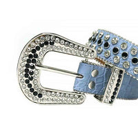 Rhinestone-Studded Genuine Leather Belt   light Blue with White and Black