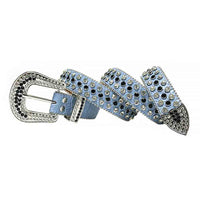 Rhinestone-Studded Genuine Leather Belt   light Blue with White and Black