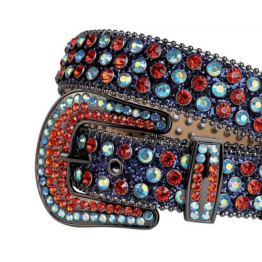 Rhinestone-Studded Genuine Leather Belt Black And Blue With Red And Blue Studs