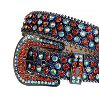 Rhinestone-Studded Genuine Leather Belt Black And Blue With Red And Blue Studs