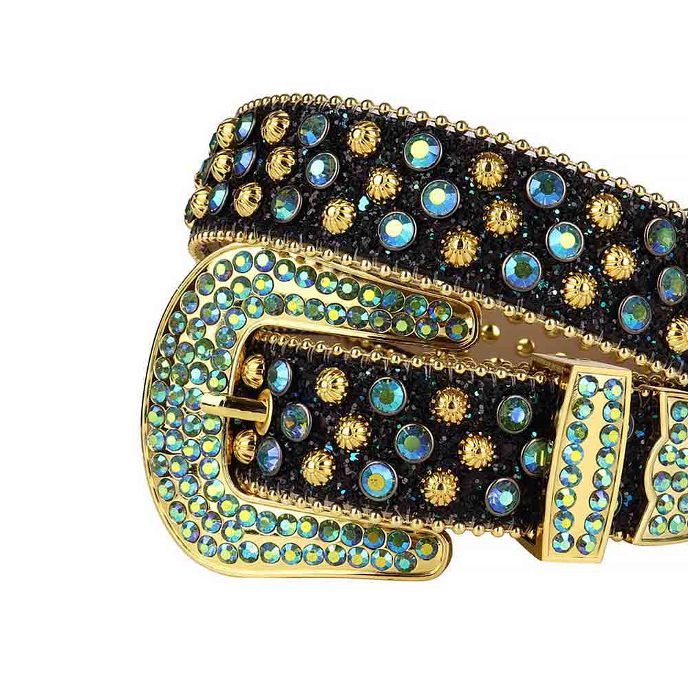 Rhinestone-Studded Leather Waist Belt Black Glitter With Studs And Multi Gems