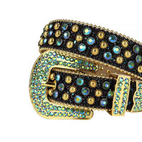 Rhinestone-Studded Leather Waist Belt Black Glitter With Studs And Multi Gems