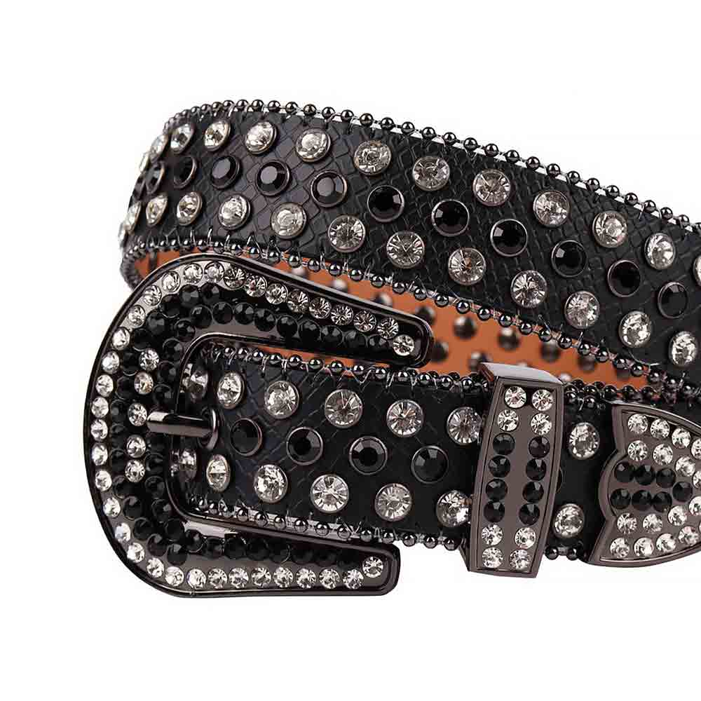 Rhinestone-Studded Genuine Leather Belt   Black Leather With Black And White Gems