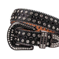 Rhinestone-Studded Genuine Leather Belt   Black Leather With Black And White Gems