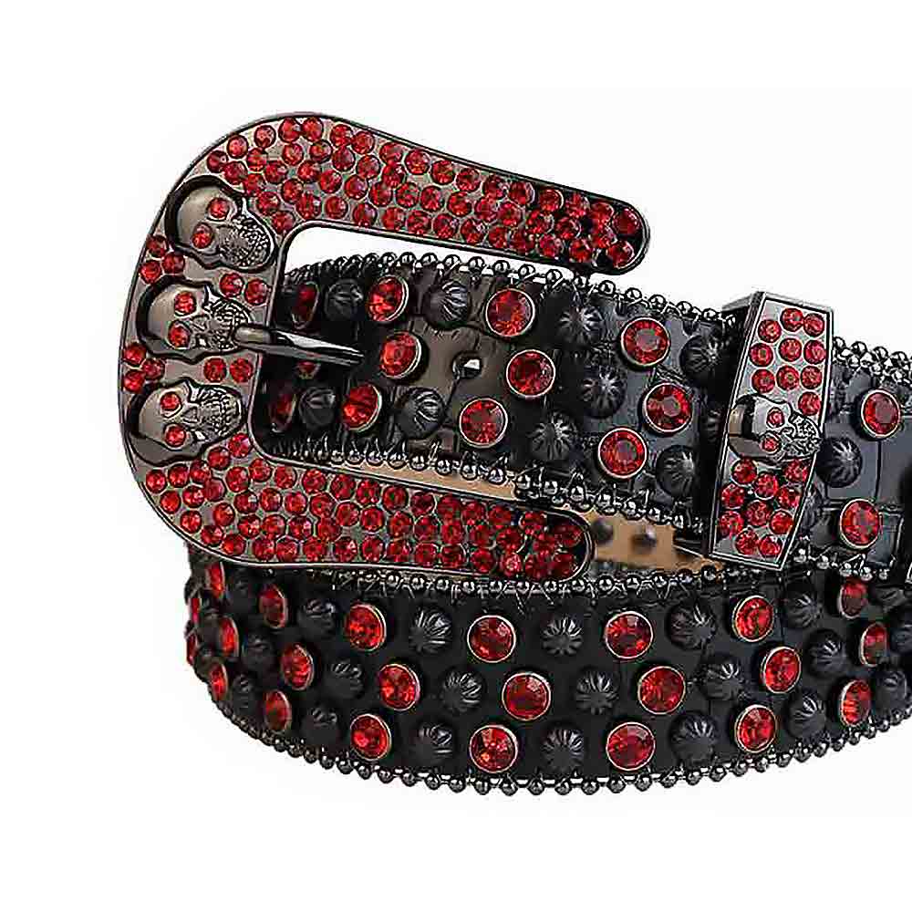 Rhinestone-Studded Leather Waist Belt Black With Skull Red Studs