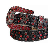 Rhinestone-Studded Leather Waist Belt Black With Skull Red Studs