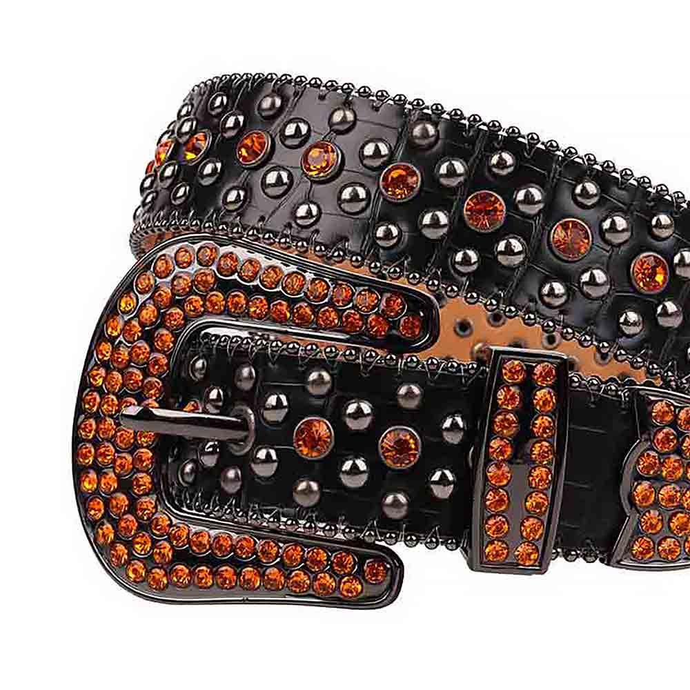 Crystal-Studded Genuine Leather Belt Black With Studs And Orange Studs