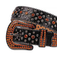 Crystal-Studded Genuine Leather Belt Black With Studs And Orange Studs