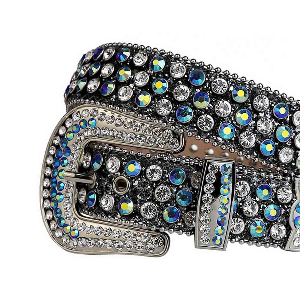 Crystal-Studded Genuine Leather Belt Black With White And Multi Gems